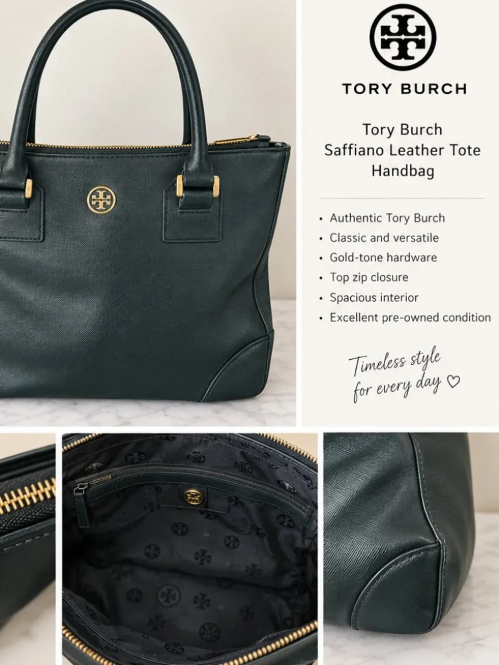 Tory Burch Black Saffiano Leather Double-Zip Tote